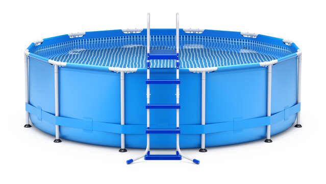 Front view of portable outdoor frame swimming pool with ladder - 3D illustration