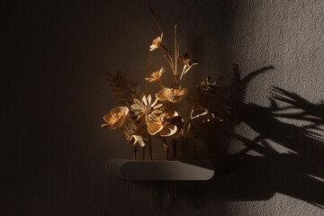 Flower made of straw on a dark background. The flower is illuminated by the sun. Wall vase for dried flowers. Small depth of field. 