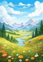 Summer Mountains Meadows. Children's book illustration in cartoon style.