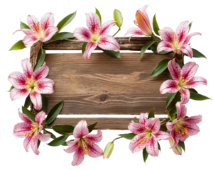 panneau de bois entouré de fleurs de lys sur fond transparent - png