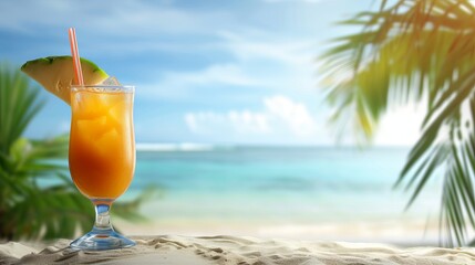 Tropical hurricane cocktail with a blurred beach background and ample copy space for text placement