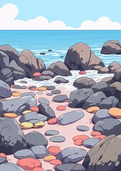 Rocky Sea Shore. Children's book illustration in cartoon style.