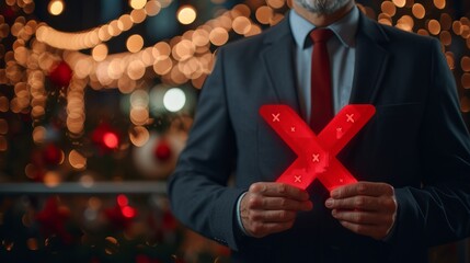 Red x mark for fail  businessman holding digital hologram of red fail tick symbol