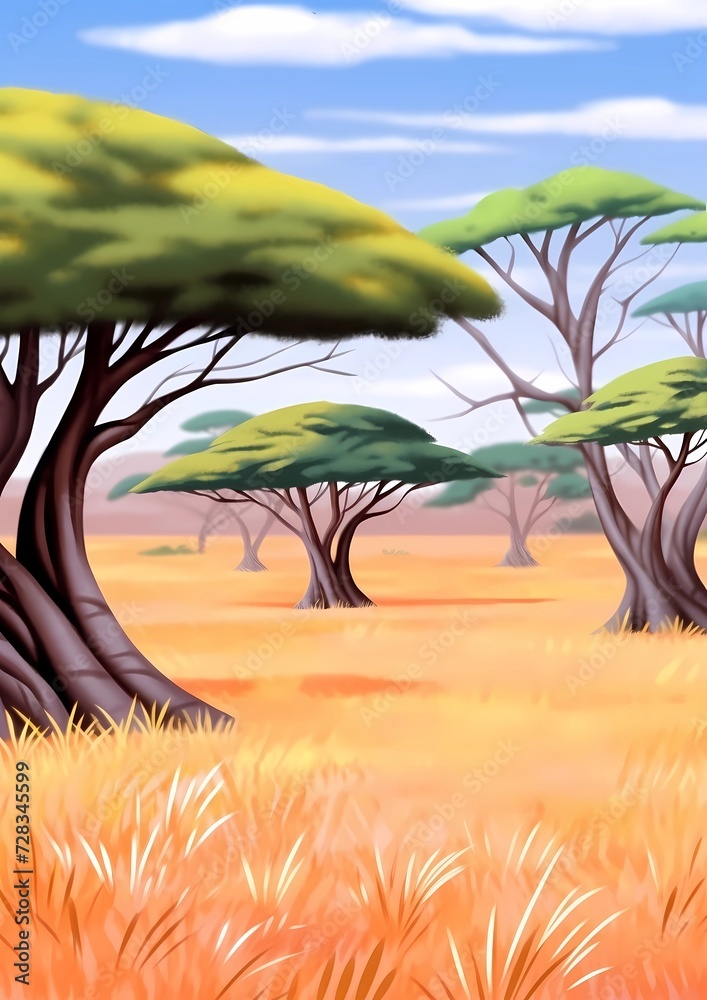 Poster african savannah landscape. green trees, and plain grassland field under blue clear sky. children's 