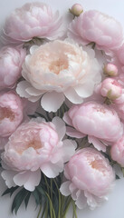 A lot of beautiful peony flowers in pale pastel colors all over the place, for a beautiful bright wall background