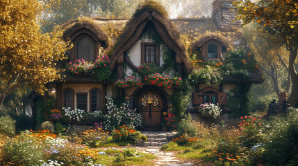 a cozy cottage with a thatched roof, flower boxes, and a quaint, fairy-tale charm.  - obrazy, fototapety, plakaty
