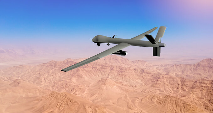 MQ military drone flying over desert on the Middle East