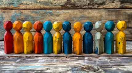 Colorful wooden figures on the wooden background, a concept of human integration, collaborative activism, human connections