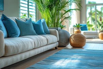 Une femme blonde devant un ordinateur portable se prenant la tête. Sofa gris avec des coussins bleus dans un salon chaleureux avec un tapis et des plantes. - obrazy, fototapety, plakaty