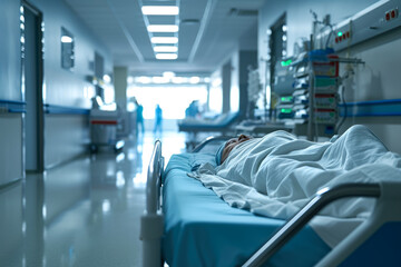 A corridor in a hospital, a patient sleeping on a hospital bed in the foreground