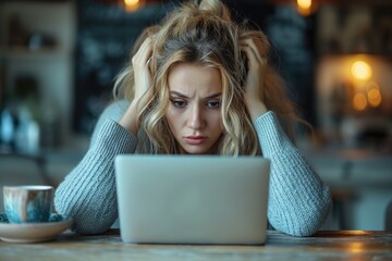 A blond woman in front of a laptop taking her head. Une femme blonde devant un ordinateur portable se prenant la tête.
