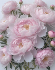A lot of beautiful peony flowers in pale pastel colors all over the place, for a beautiful bright wall background
