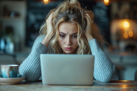 A blond woman in front of a laptop taking her head. Une femme blonde devant un ordinateur portable se prenant la t&ecirc;te.