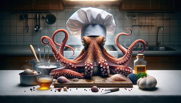 Octopus wearing a chef's hat while preparing a sustainable seafood meal, highlighting the importance of ocean conservation and the impact of overfishing.