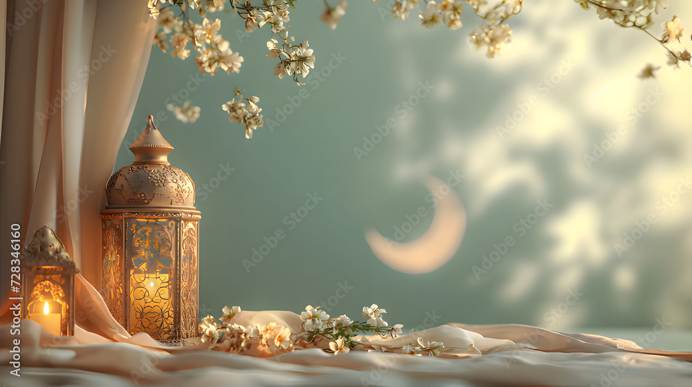 Fototapete elegant ramadan kareem lantern with white background text copy space. generative ai