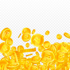 Bitcoin coins falling. Cryptocurrency scattered