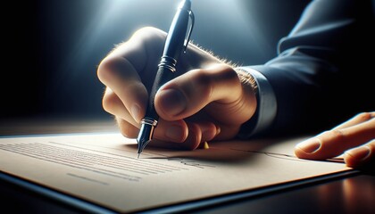 Zooming in on signing a document - The decisive act of a pen signing a name, sealing agreements or decisions, representing commitment and conclusion. Finalizing Commitments: The Signature