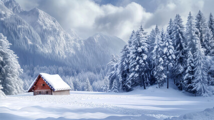 Fototapeta premium Beautiful winter landscape with snow covered fir trees and wooden house.