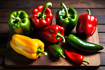 Ripe yellow red and green peppers on a wooden board