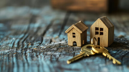 Small wooden houses next to a golden key on the wooden table. Real estate, mortgage, property, insurance, rent concept