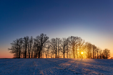 Winter landscape at cold evening. Czech Republic.