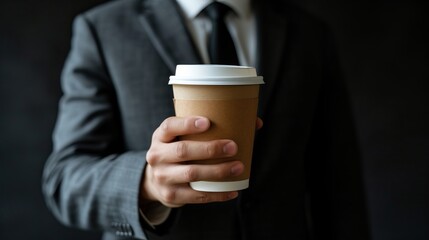 Businessman s hand holding empty coffee to go cup with logo, close up on white background