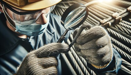safety inspector examining a steel cable closely for signs of fraying or damage.  Zooming in on inspecting steel cables for wear. 