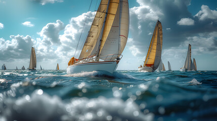 A photo of some sailboats, with azure waters as the background, during a regatta - obrazy, fototapety, plakaty