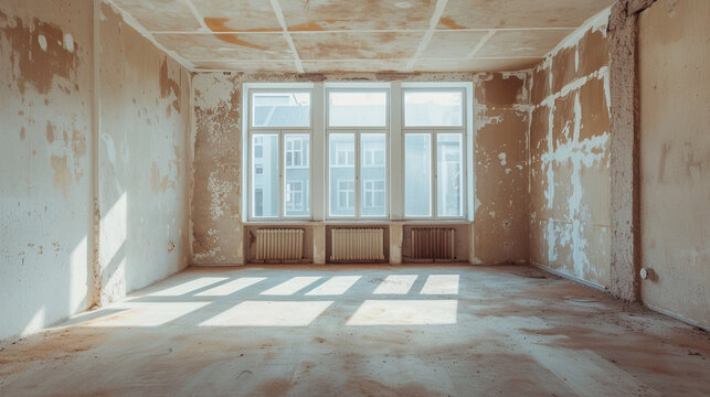 Indoor wall with tools and paints during renovation. 