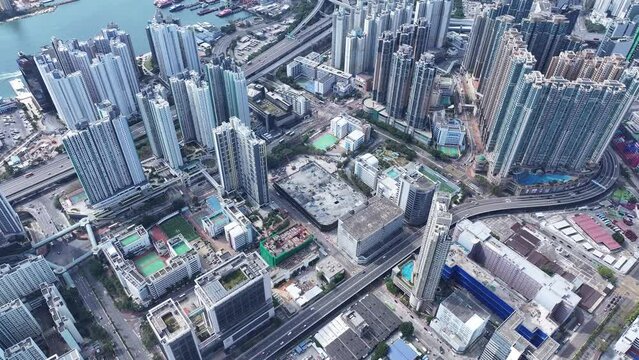 Hong Kong Kowloon Sham Shui Po Cheung Sha Wan Prince Edward Shek Kip Mei Nam Cheong, a mixture of old and new multi-story buildings with crowded old densely residential commercial downtown,Drone 