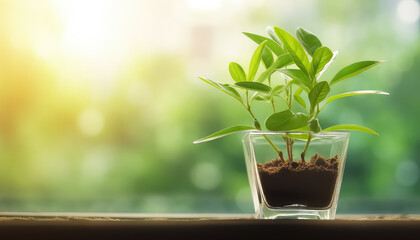 Fototapeta na wymiar Sprout in a glass pot with soil ,spring concept
