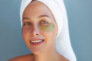 Hydration skin care mask. A smiling woman with a towel on her head has green collagen patches under...