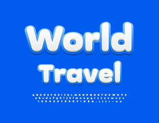 Vector modern banner World Travel. Creative White and Bue Font. Modern Alphabet Letters and Numbers.