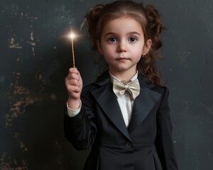 Little girl in tuxedo holds magic wand ready for enchanting adventures and sparking imagination with playful charm, surprised expressions at magic tricks image