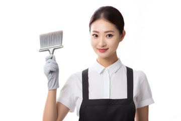 Portrait two Asia woman in workwear maid cleaning home and holding dusting brush and microfiber cloth in her hand at home isolated on white background. Generative AI.