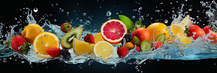  Wide banner background with fruits and splashes