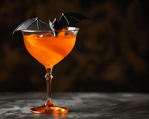 Vibrant orange cocktail adorned with a bat decoration creating a spooky and delightful halloween themed drink, food and drink pranks image