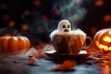 Ghost appears in coffee with pumpkins creating a spooky and delightful scene, food and drink pranks picture