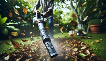 using a leaf blower - Leaves and debris are whisked away by the powerful blast of a leaf blower, cleaning up garden paths and lawns with efficiency.
