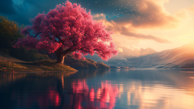 sunrise over the lake with pink blossom tree in SPrin, cherry blossom tree at the lake and mountains