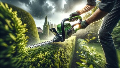 using a hedge trimmer - The buzzing blades of a hedge trimmer shape and tidy a hedge, creating clean lines and promoting dense foliage.