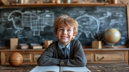 Fototapeta na wymiar Classroom Delight: Cheerful Schoolboy Portrait