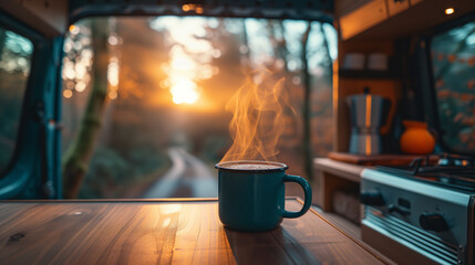 cup of hot steaming coffee in a camper van at sunrise in the forest - obrazy, fototapety, plakaty