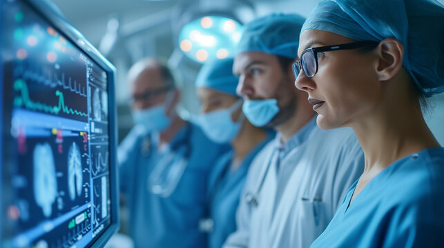 Focused surgical team in scrubs reviewing critical patient vitals on a high-tech digital monitor in an operating room.