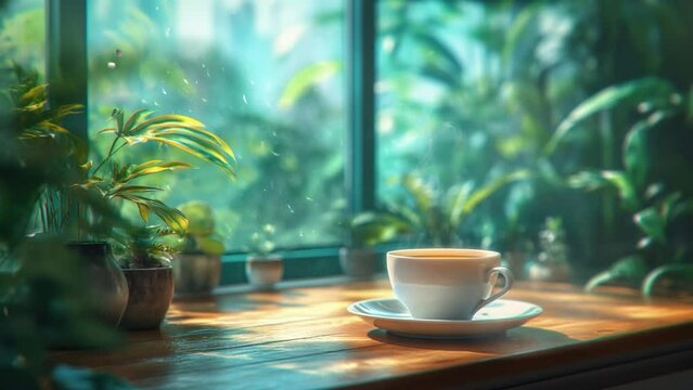 A warm cup of coffee at the window with the morning vibes. seamless looping 4k time-lapse animation video background
