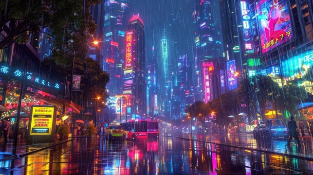 This image presents a stunning night-time cityscape bathed in neon lights, with reflections on streets creating a futuristic atmosphere. Resplendent. © Summit Art Creations