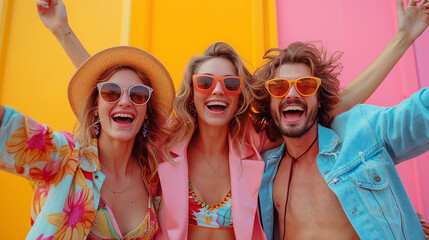 Fototapeta premium Cheerful group of people with summer clothes against a solid colorful background 