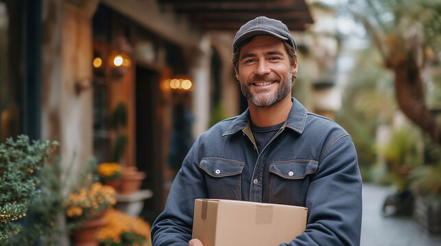 Smiling delivery man working and holding a box
