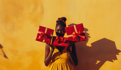 woman holding three packages with red bows in her hand, yellow and amber style