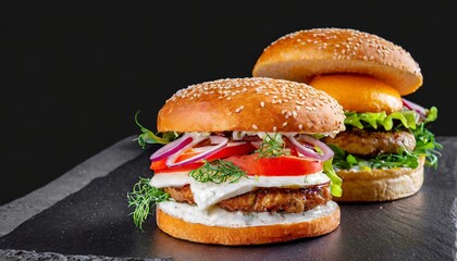 21 burger on a black background for the menu black and white burgers with meat chicken cutlet salad egg